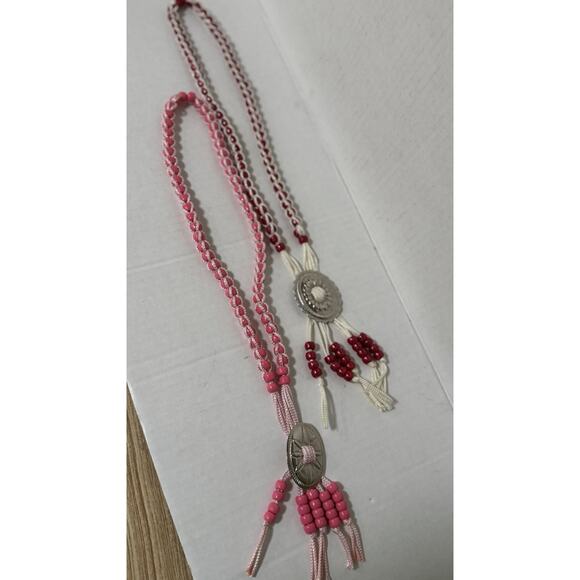 Two Vintage Kitschy Western Necklace Pink Red Pony Beads Concho - Picture 1 of 4